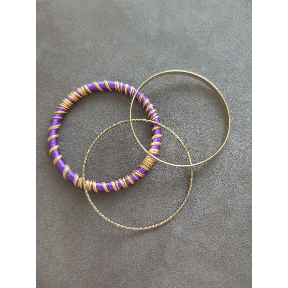 Set Of 3 Bracelets‎ With Gold Tones And Purple Wrapped With Yellow And Orange